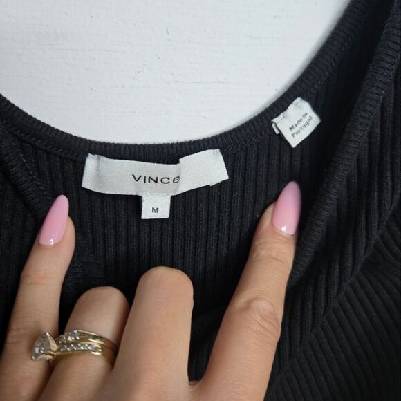 Vince Black Textured Ribbed Knit Thong Bodysuit Scoop Neck Low Cut Back Size M - Picture 5 of 8